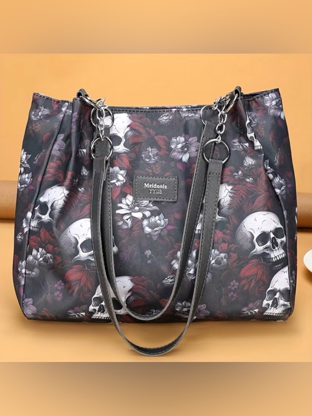 Meiduola Black Floral Skull Print Tote Bag